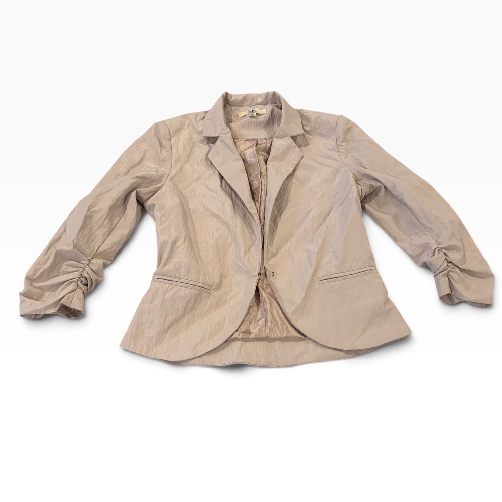YA Los Angeles Ruched Sleeve Blazer Champagne Taupe Crinkle Jacket Size M YL6793